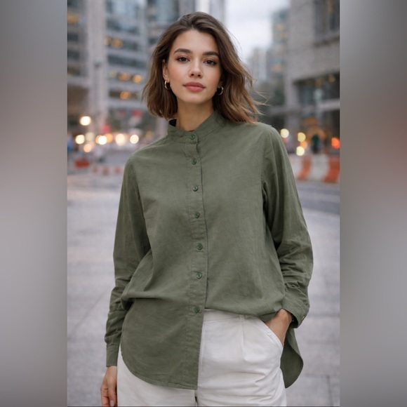 Frame Denim Tops - Frame Green Cotton Button Down Tunic Streetwear Natural Fibers Military Small